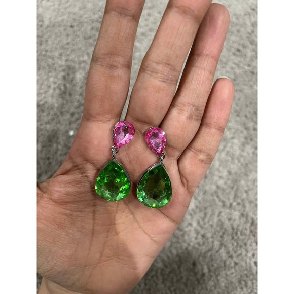 Pink& green earring pink Green crystal green teardrop peridot long green earring - Picture 6 of 10